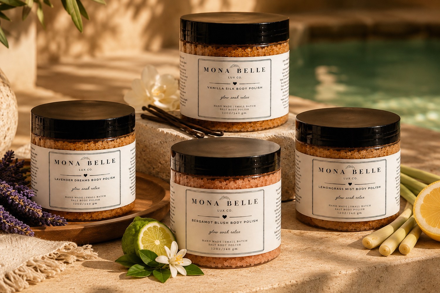 Lavender Dreams, Lemongrass Mist, Vanilla Silk and Bergamot Blush Body Polish together