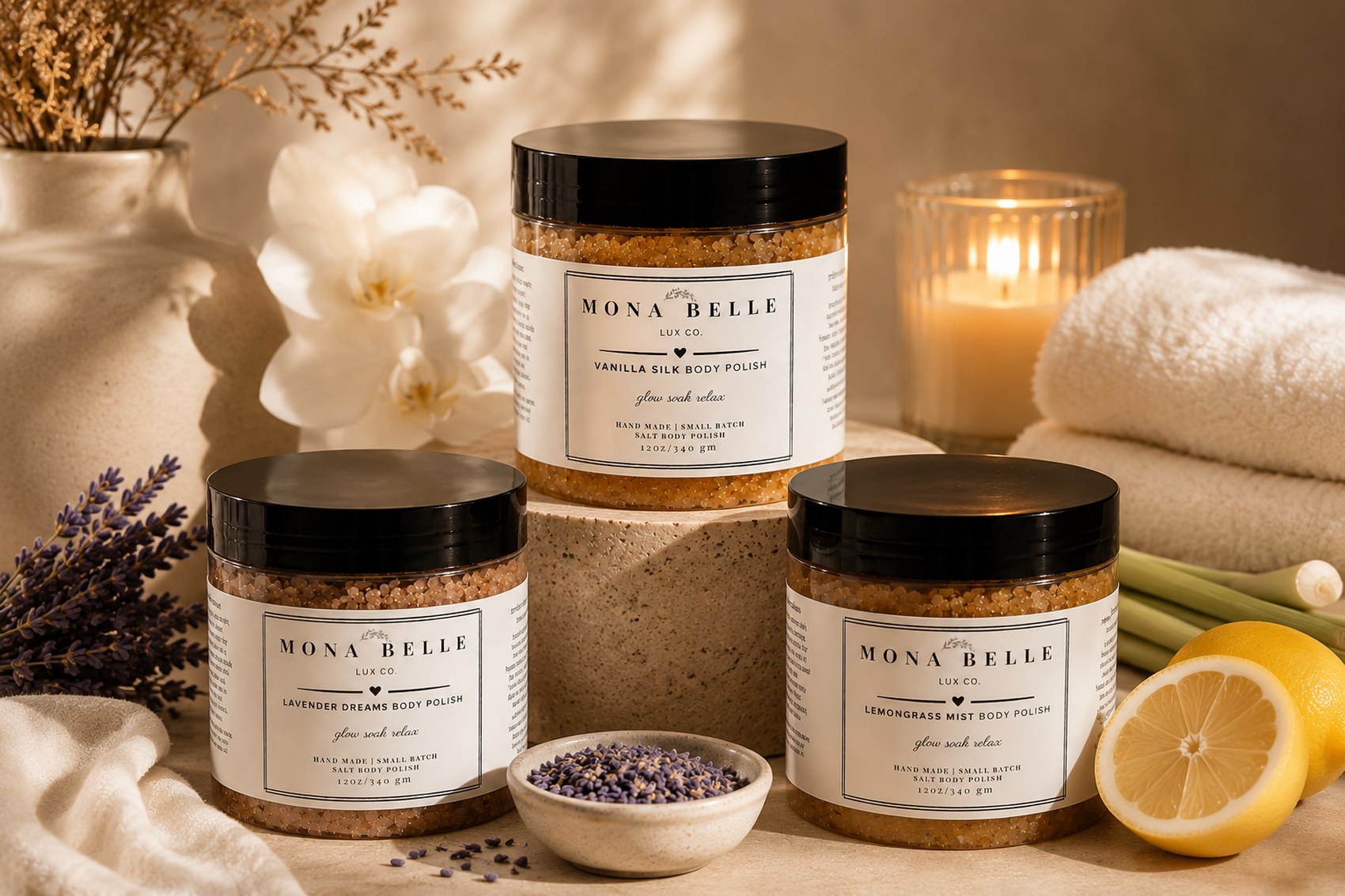 Lavender Dreams, Vanilla Silk and Lemongrass Mist Body Polish together
