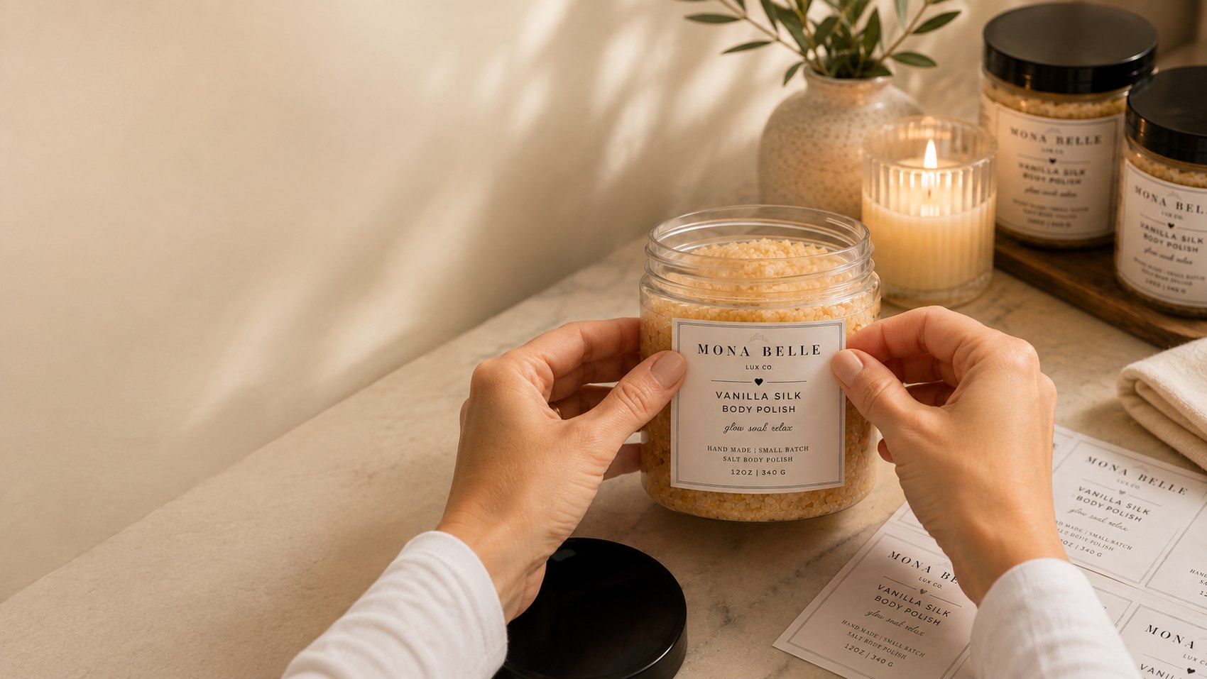 A jar of Vanilla Silk Body Polish being labelled by hand