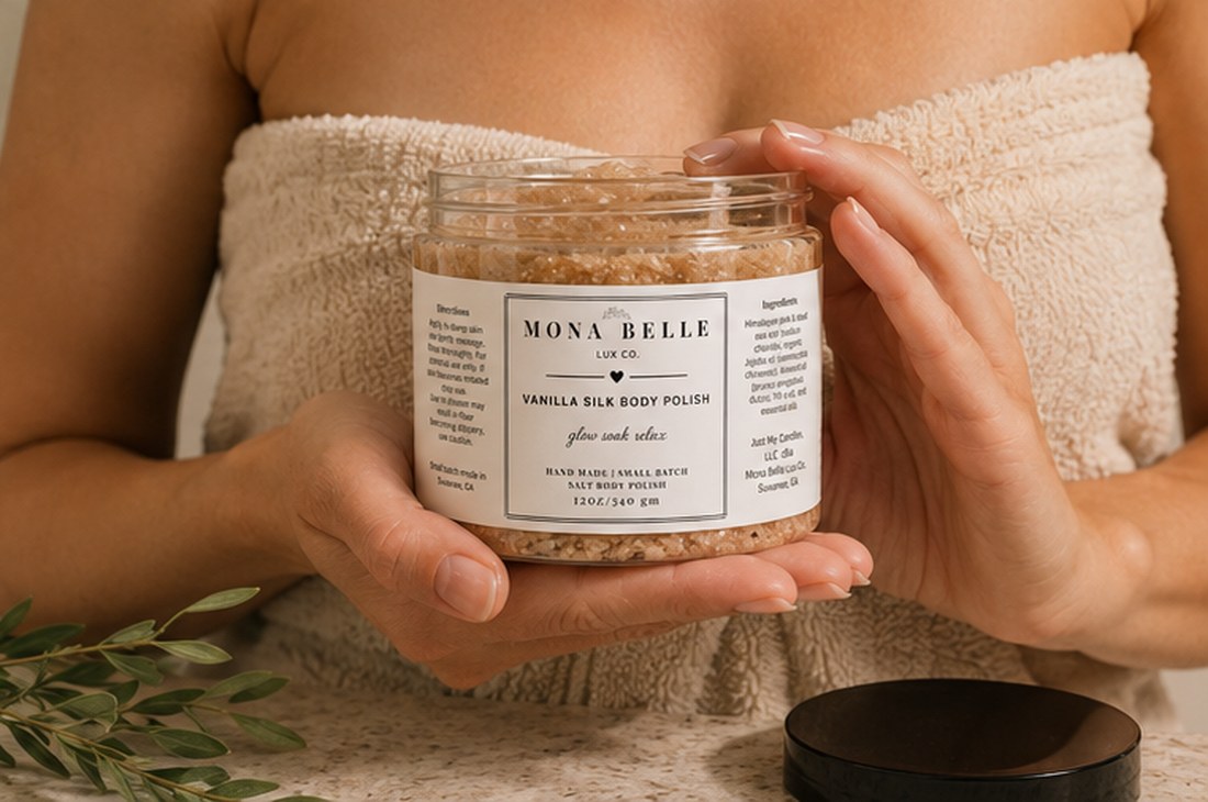 Holding a jar of Lavender Dreams Body Polish